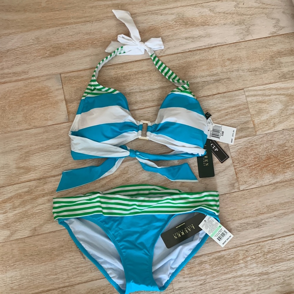 Ralph Lauren Blue Green White RARE Sz32 D Cup 2-Piece Triangle String Bikini Set
